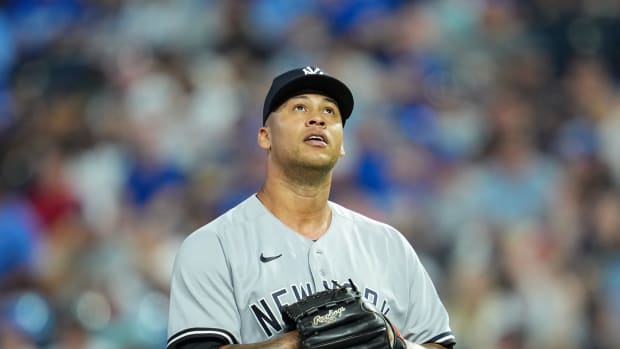 Sep 30, 2023; Kansas City, Missouri, USA; New York Yankees starting pitcher Frankie Montas (47) leaves the field during the sixth inning against the Kansas City Royals at Kauffman Stadium. Mandatory Credit: Jay Biggerstaff-USA TODAY Sports  